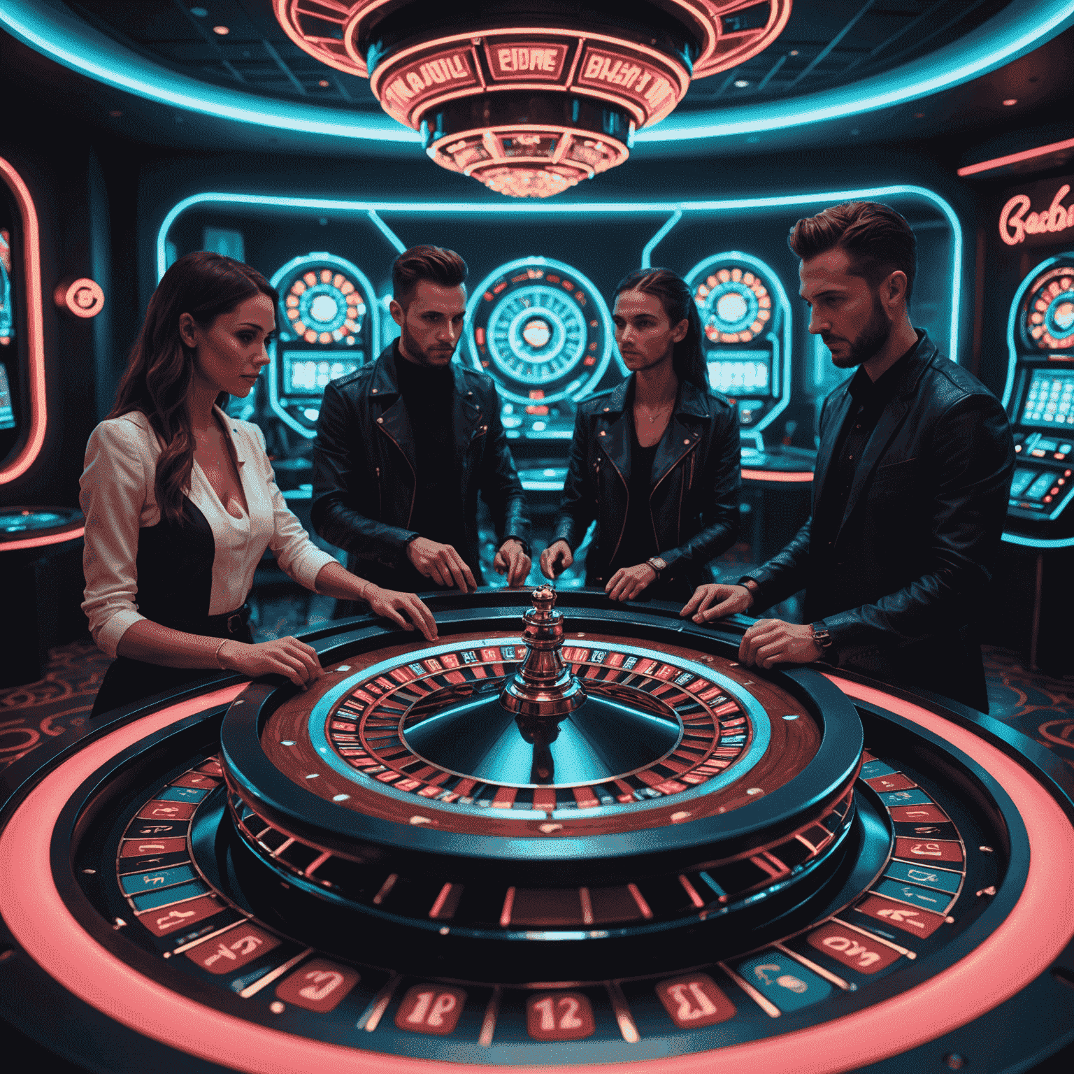 A futuristic social casino interface with neon lights, showing avatars of players interacting around a virtual roulette table