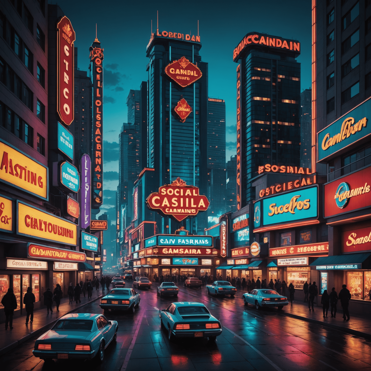 Futuristic cityscape with neon signs advertising social casinos, showcasing the integration of gaming into urban Canadian life