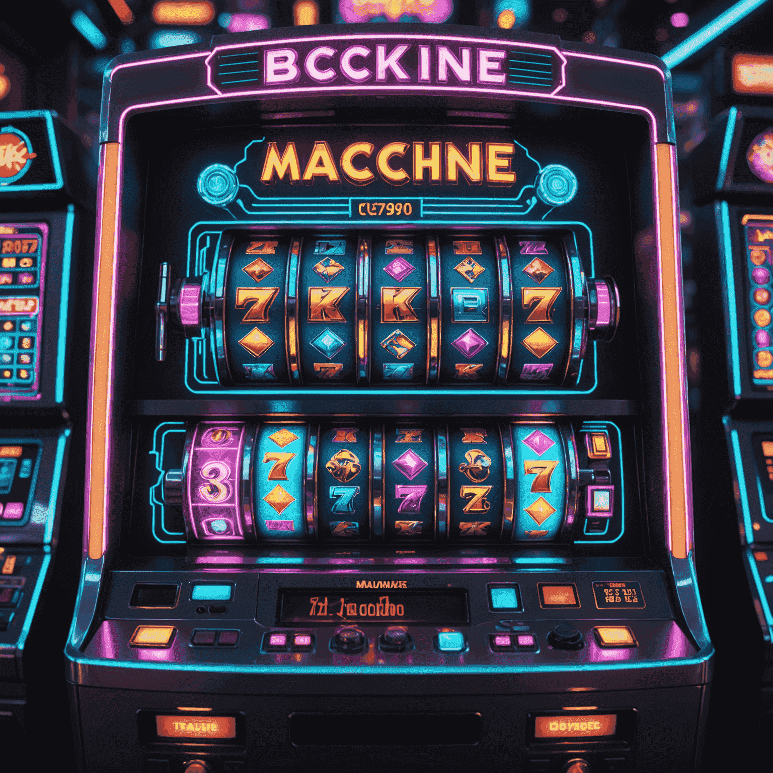 Futuristic holographic display showing basic slot machine elements like reels, paylines, and bonus symbols, with neon highlights and cyberpunk aesthetic