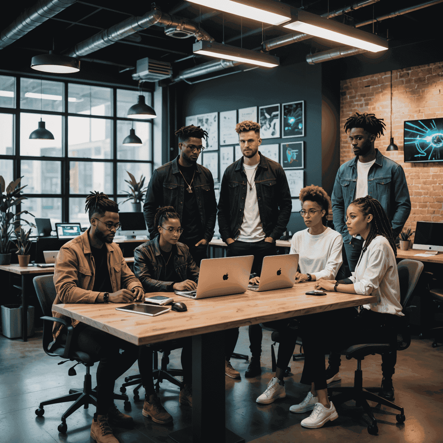 A diverse group of young professionals in casual tech company attire, working collaboratively in a modern office space with cyberpunk-inspired decor