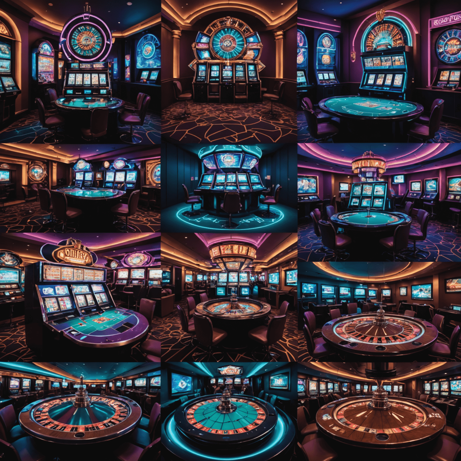 A collage of 5 popular social casino games with holographic projections, showing slot machines, poker tables, and roulette wheels in a cyberpunk style.