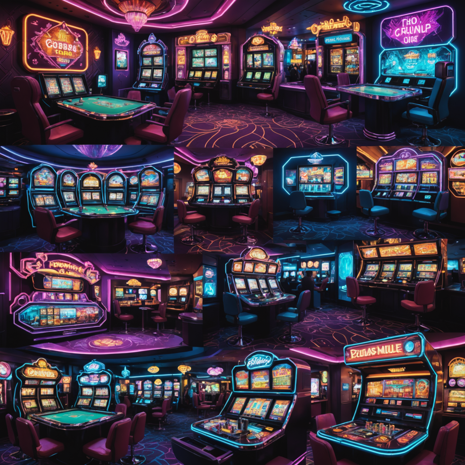 Collage of 5 popular social casino games with cyberpunk-style graphics and neon accents