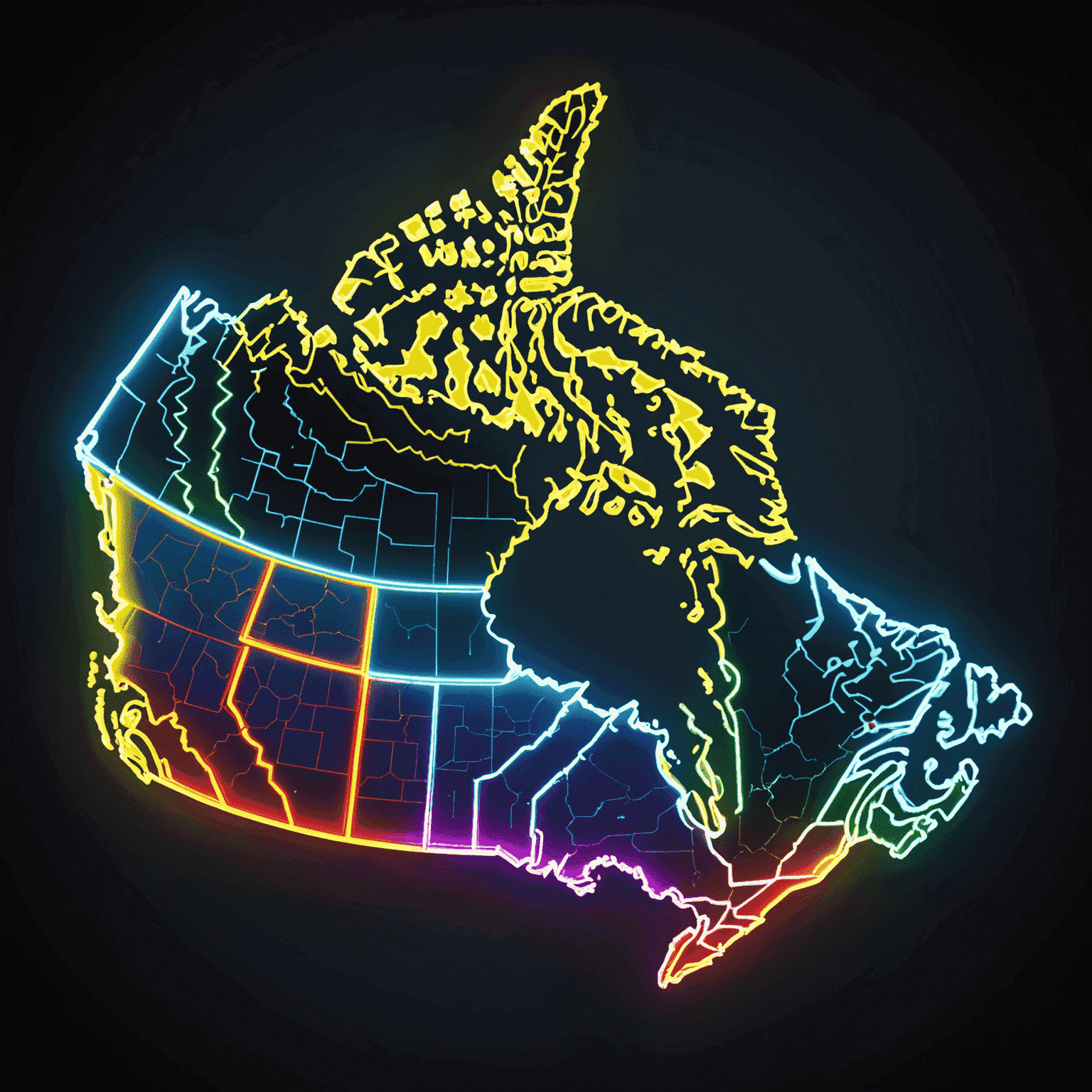 A holographic map of Canada with each province highlighted in different neon colors, representing the varied gaming laws across the country