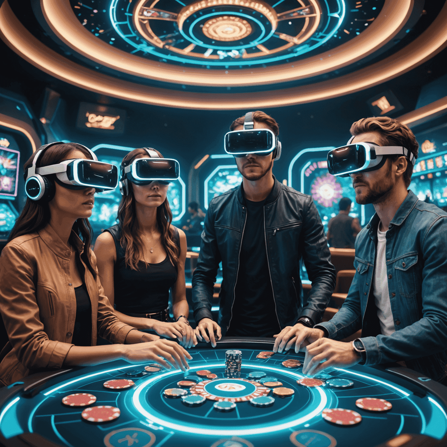 A group of friends in a virtual reality space, each represented by a futuristic avatar, gathered around a holographic casino table with chips and cards floating in the air.