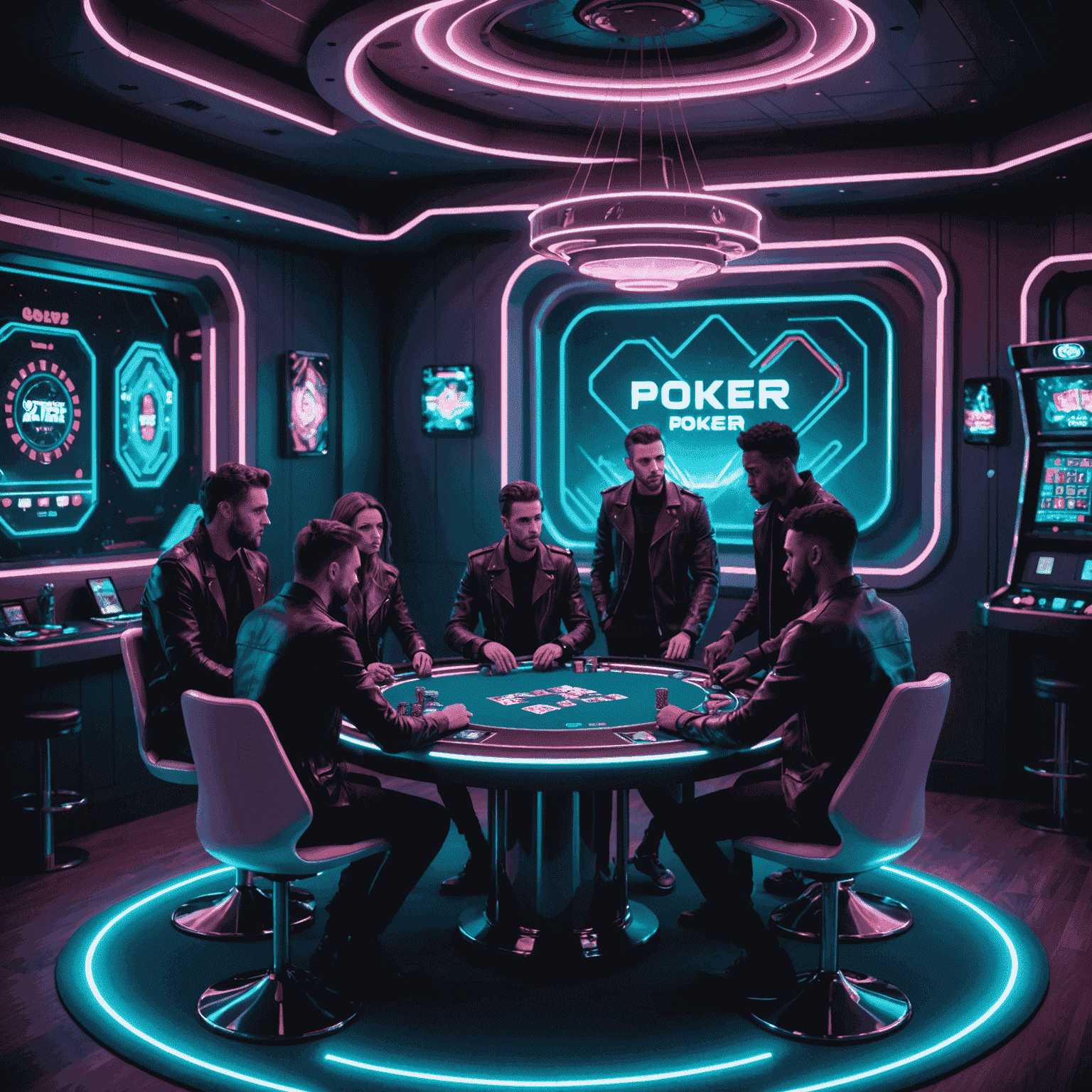 A group of friends' avatars gathered around a virtual poker table in a futuristic, neon-lit room