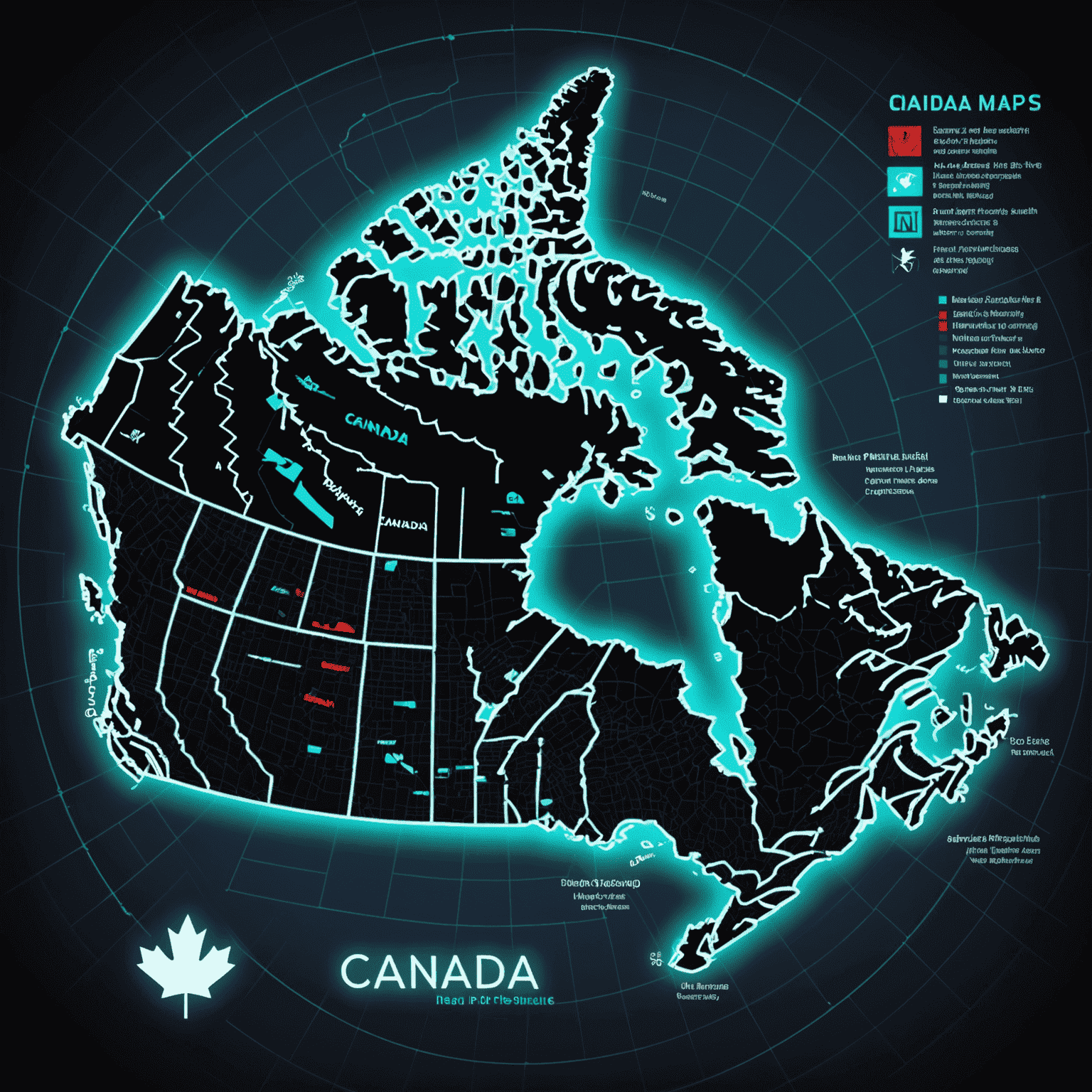 A digital map of Canada with neon highlights showing different gaming regulations across provinces