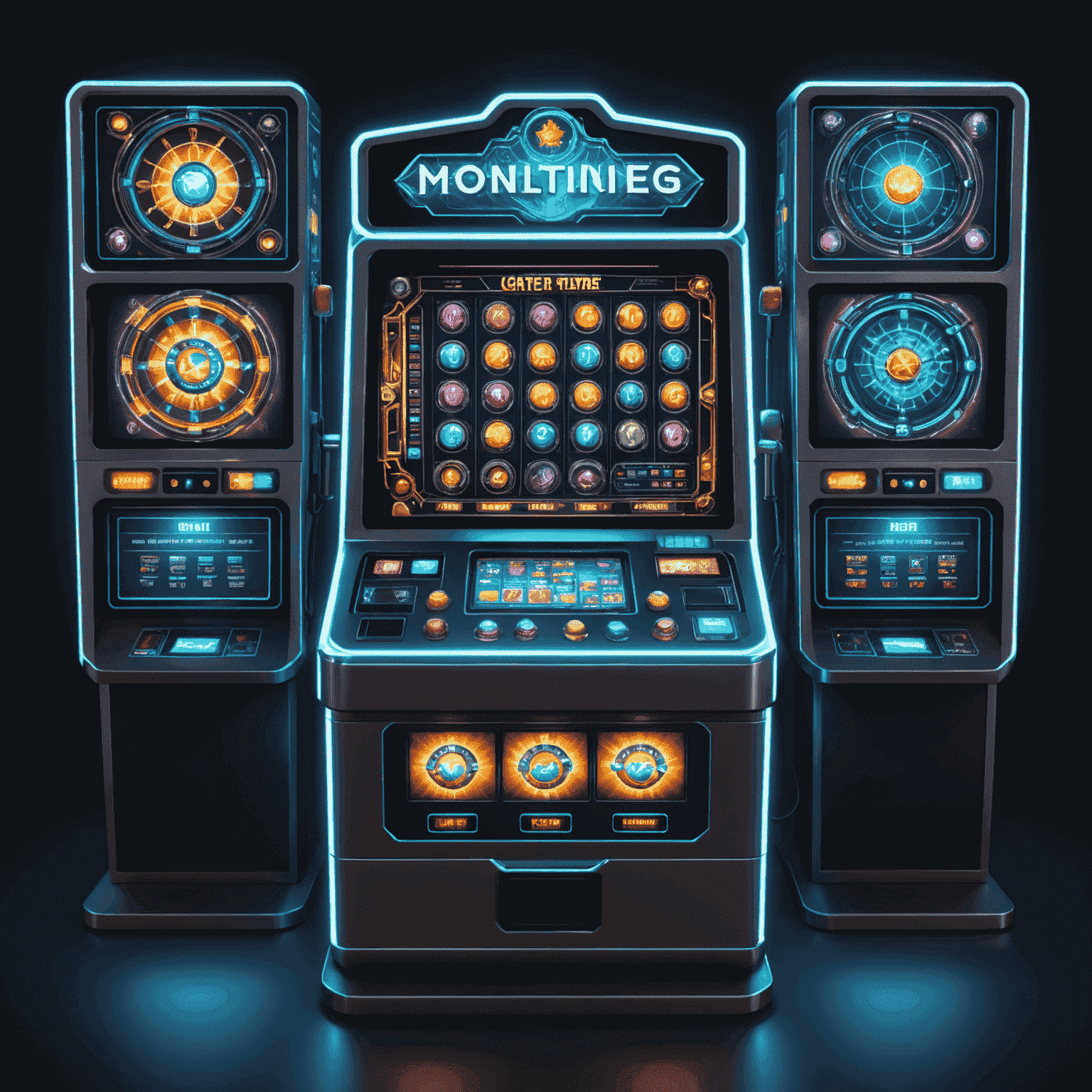 A futuristic slot machine interface with holographic projections and skill trees